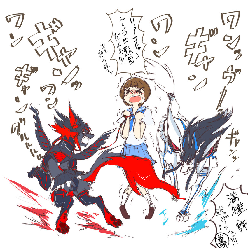 matoi ryuuko, senketsu, kiryuuin satsuki, mankanshoku mako, and junketsu (kill la kill) drawn by takatsuki_nato