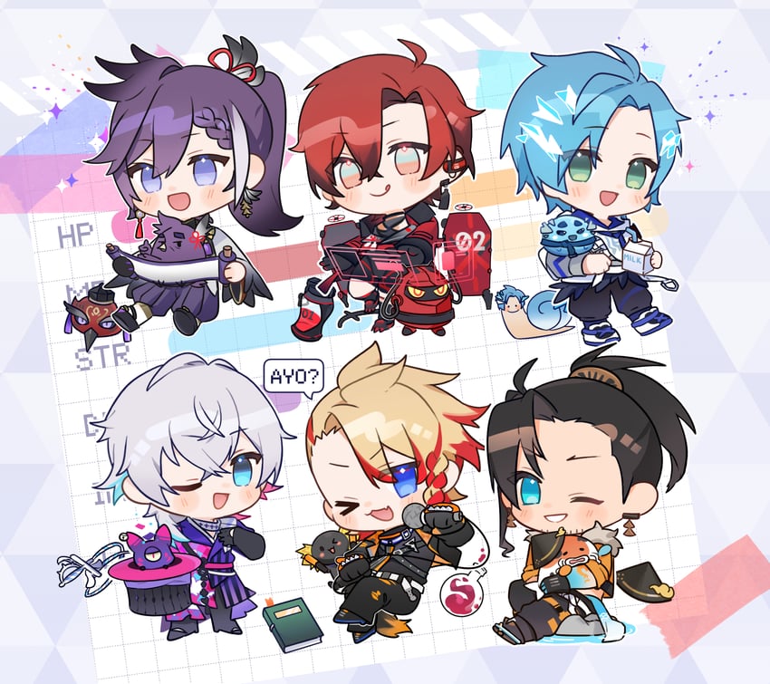 gavis bettel, machina x flayon, regis altare, axel syrios, banzoin hakka, and 7 more (holostars and 1 more) drawn by kurogareki