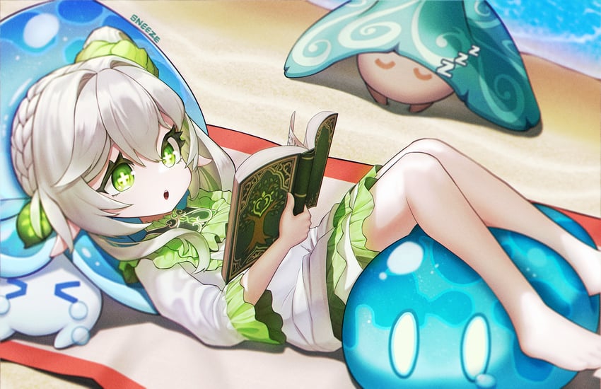 nahida, slime, fungi, and hydro slime (genshin impact) drawn by sneeze_(snze)