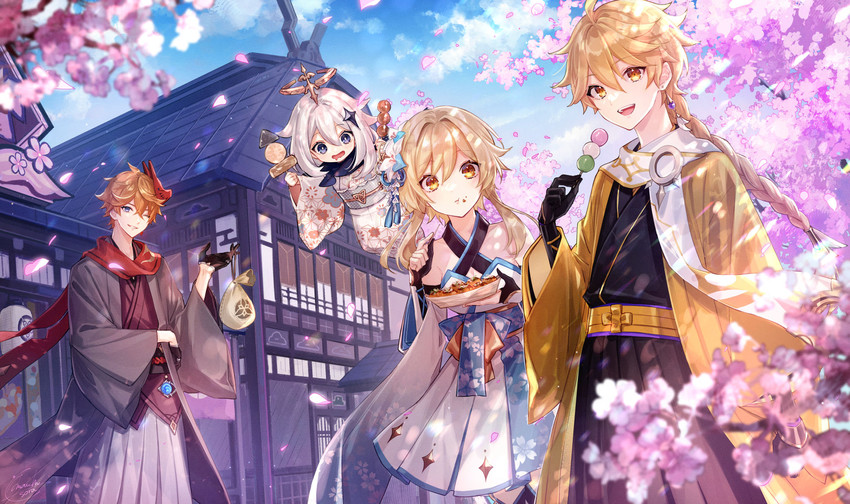 lumine, aether, paimon, and tartaglia (genshin impact) drawn by amaichi_esora