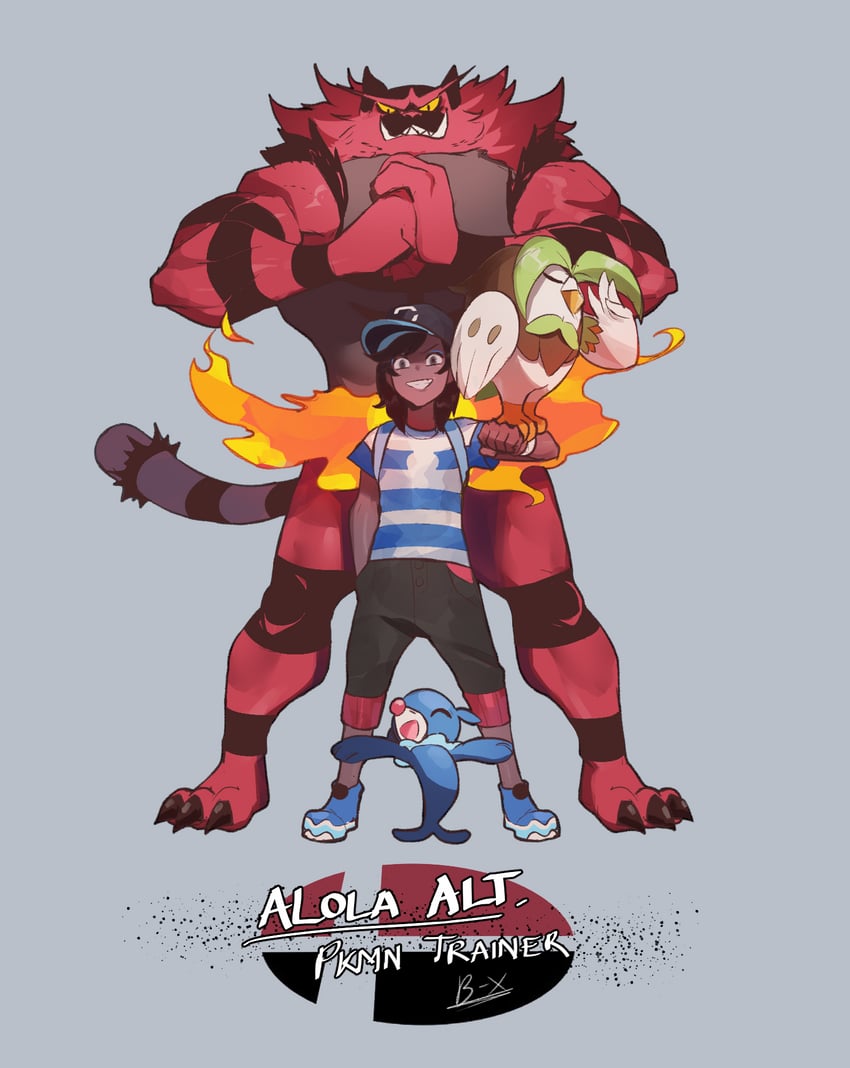 elio, popplio, incineroar, dartrix, and saimon tamaki (pokemon and 1 more) drawn by sly-8