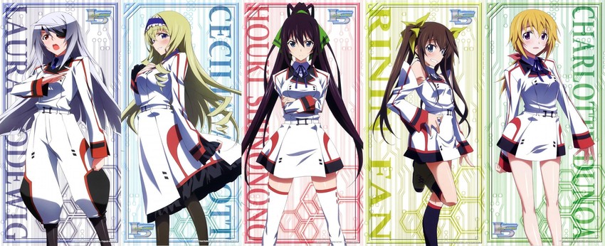charlotte dunois, cecilia alcott, laura bodewig, shinonono houki, and huang lingyin (infinite stratos) drawn by kurashima_tomoyasu