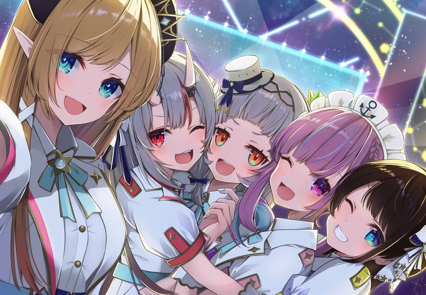 minato aqua, oozora subaru, murasaki shion, nakiri ayame, and yuzuki choco (hololive) drawn by annin_oekaki
