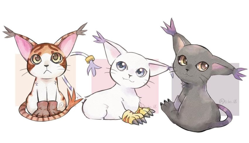tailmon, blacktailmon, and mikemon (digimon) drawn by rikka_(tcbn_18)