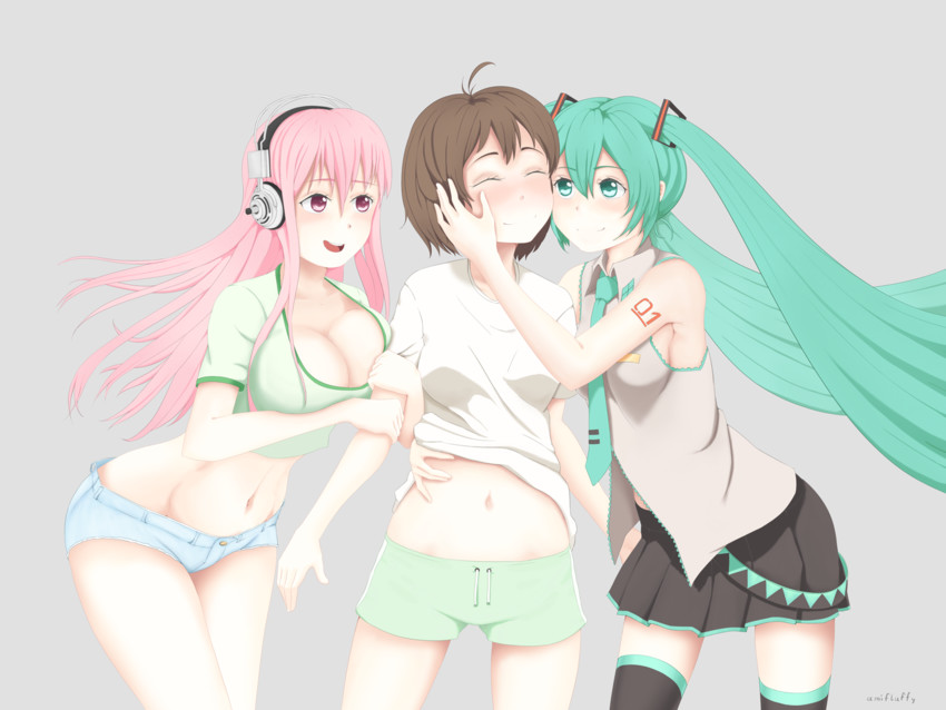 hatsune miku and super sonico (original and 2 more) drawn by amifluffy