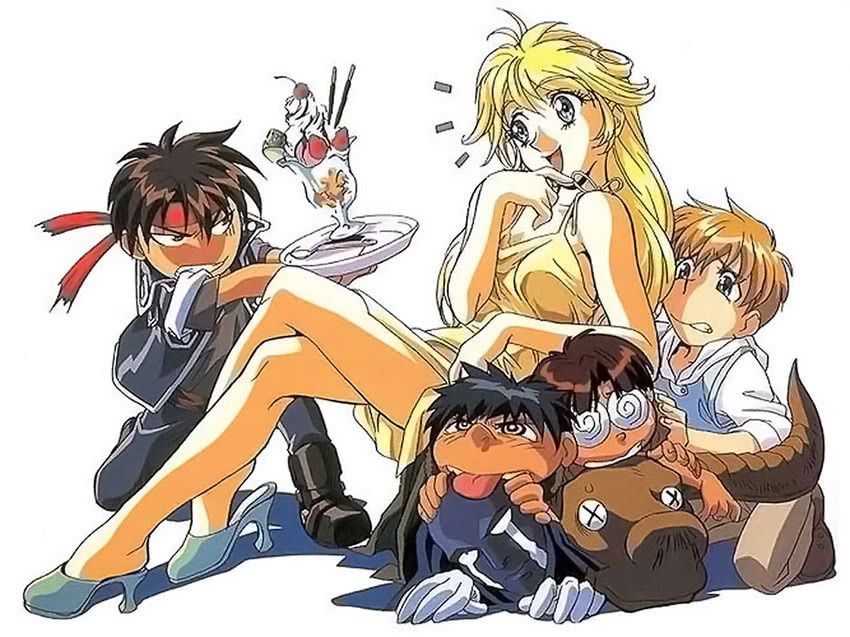 orphen, cleo everlastin, majic lin, volkan, and dortin (majutsushi orphen)