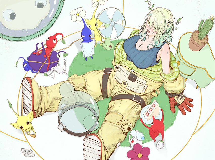 ceres fauna, red pikmin, olimar, yellow pikmin, blue pikmin, and 3 more (hololive and 2 more) drawn by siobell