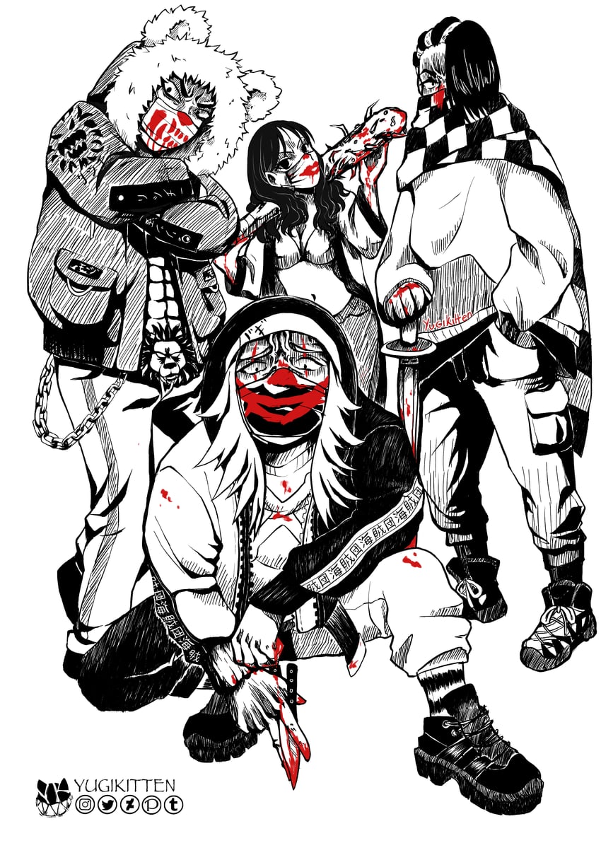 buggy the clown, alvida, cabaji, and mohji (one piece) drawn by yugikitten