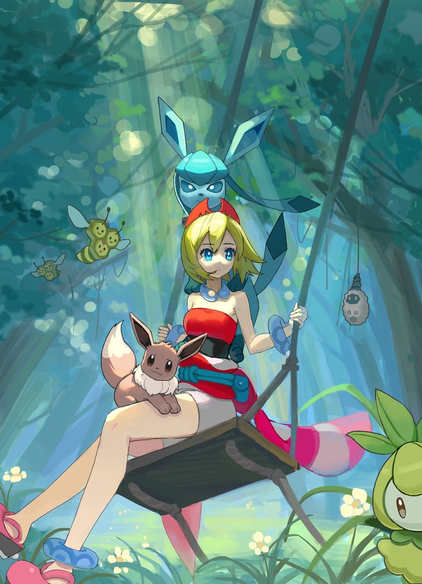 eevee, glaceon, irida, petilil, combee, and 1 more (pokemon and 1 more) drawn by azhi1997