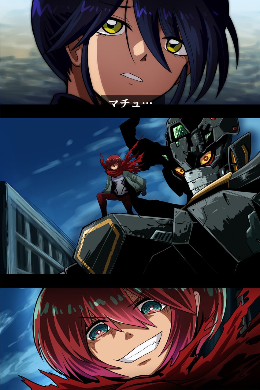 amate yuzuriha, nyaan, nagare ryoma, and black getter (gundam and 3 more) drawn by fujitaka_nasu