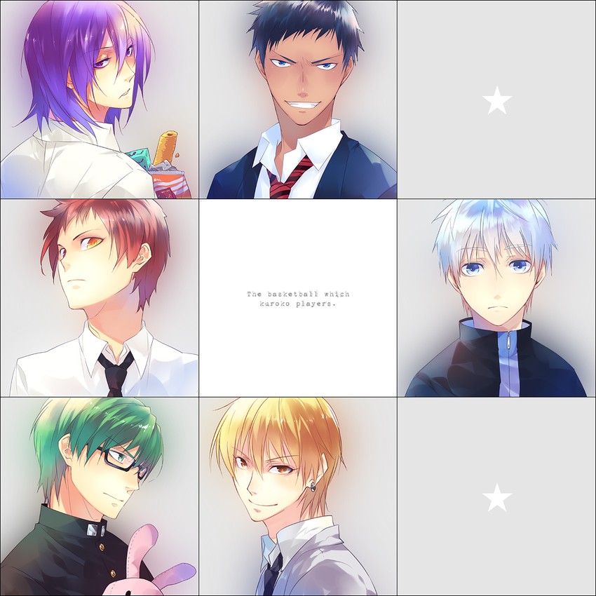 kuroko tetsuya, aomine daiki, kise ryouta, akashi seijuurou, midorima shintarou, and 1 more (kuroko no basuke) drawn by hiramatsu_(rama)