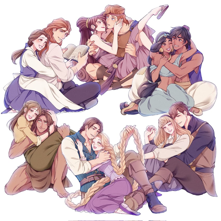 rapunzel, jasmine, belle, aurora, megara, and 7 more (tangled and 5 more) drawn by mizala