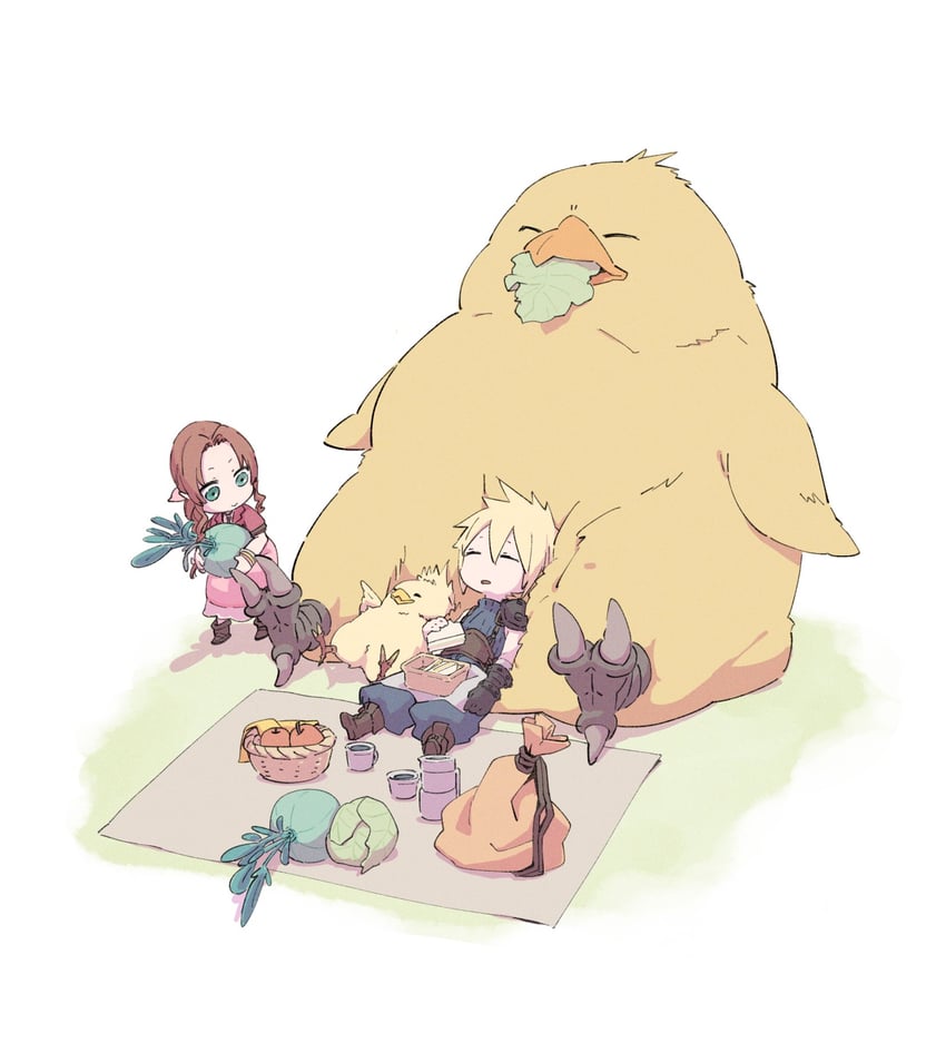 cloud strife, aerith gainsborough, and fat chocobo (final fantasy and 3 more) drawn by ringon
