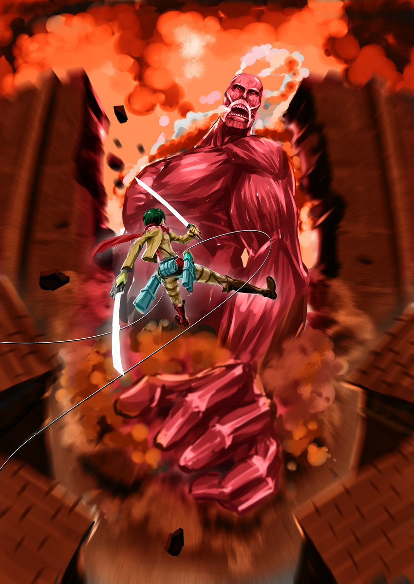 mikasa ackerman, titan, and colossal titan (shingeki no kyojin) drawn by crusader_kevin