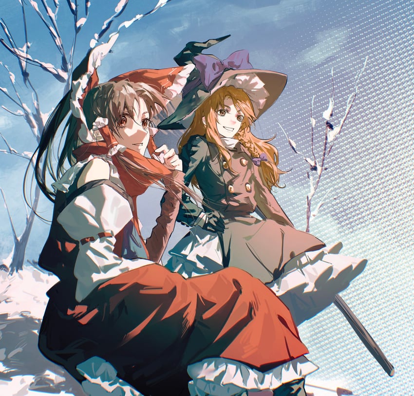 hakurei reimu and kirisame marisa (touhou) drawn by aihara-rina