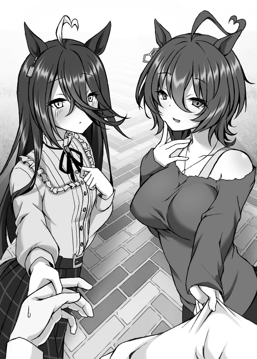 trainer, agnes tachyon, and manhattan cafe (umamusume) drawn by ryochapu