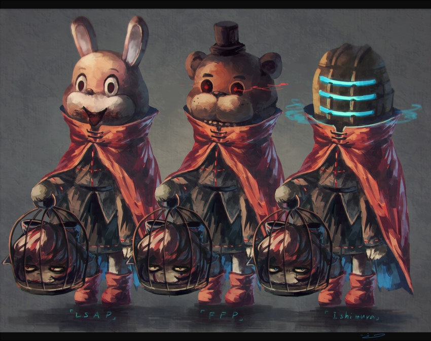 sekibanki, freddy fazbear, isaac clarke, and robbie the rabbit (touhou and 4 more) drawn by koto_inari