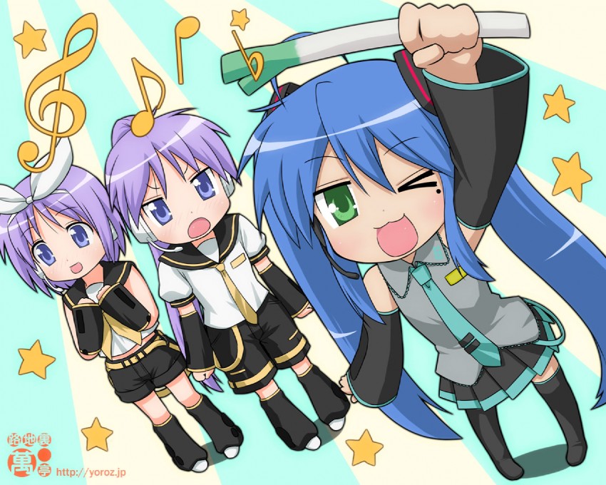 hatsune miku, kagamine rin, kagamine len, hiiragi kagami, izumi konata, and 1 more (vocaloid and 1 more) drawn by nagian
