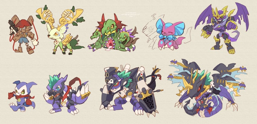 impmon, imperialdramon, elizamon, pinochimon, imperialdramon fighter mode, and 6 more (digimon and 1 more) drawn by 765_nanami