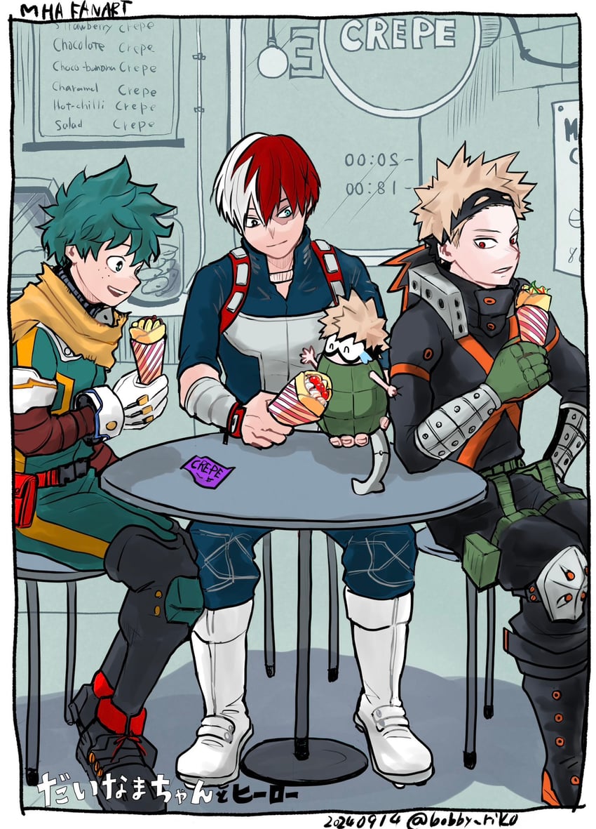 midoriya izuku, bakugou katsuki, todoroki shoto, and dynamy (boku no hero academia) drawn by bobby_riko