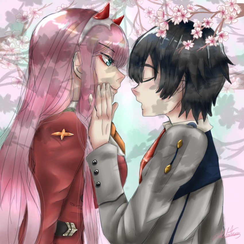 zero two and hiro (darling in the franxx) drawn by emiliemilimontesco