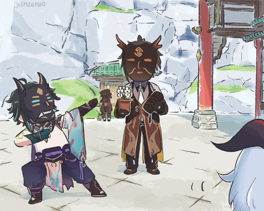 ganyu, hu tao, zhongli, and xiao (genshin impact) drawn by xinzoruo