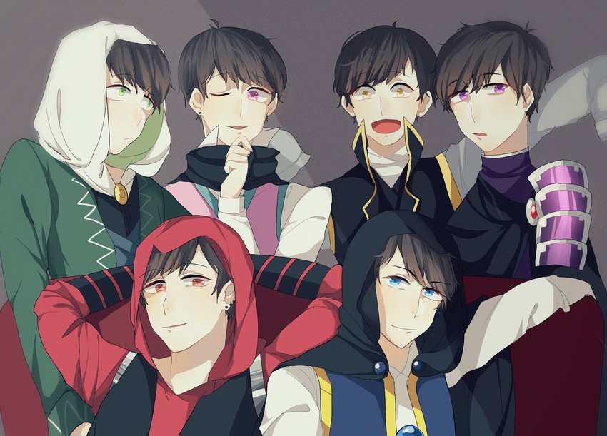 matsuno osomatsu, matsuno karamatsu, matsuno ichimatsu, matsuno jyushimatsu, matsuno choromatsu, and 1 more (osomatsu and 1 more) drawn by mangetsuer