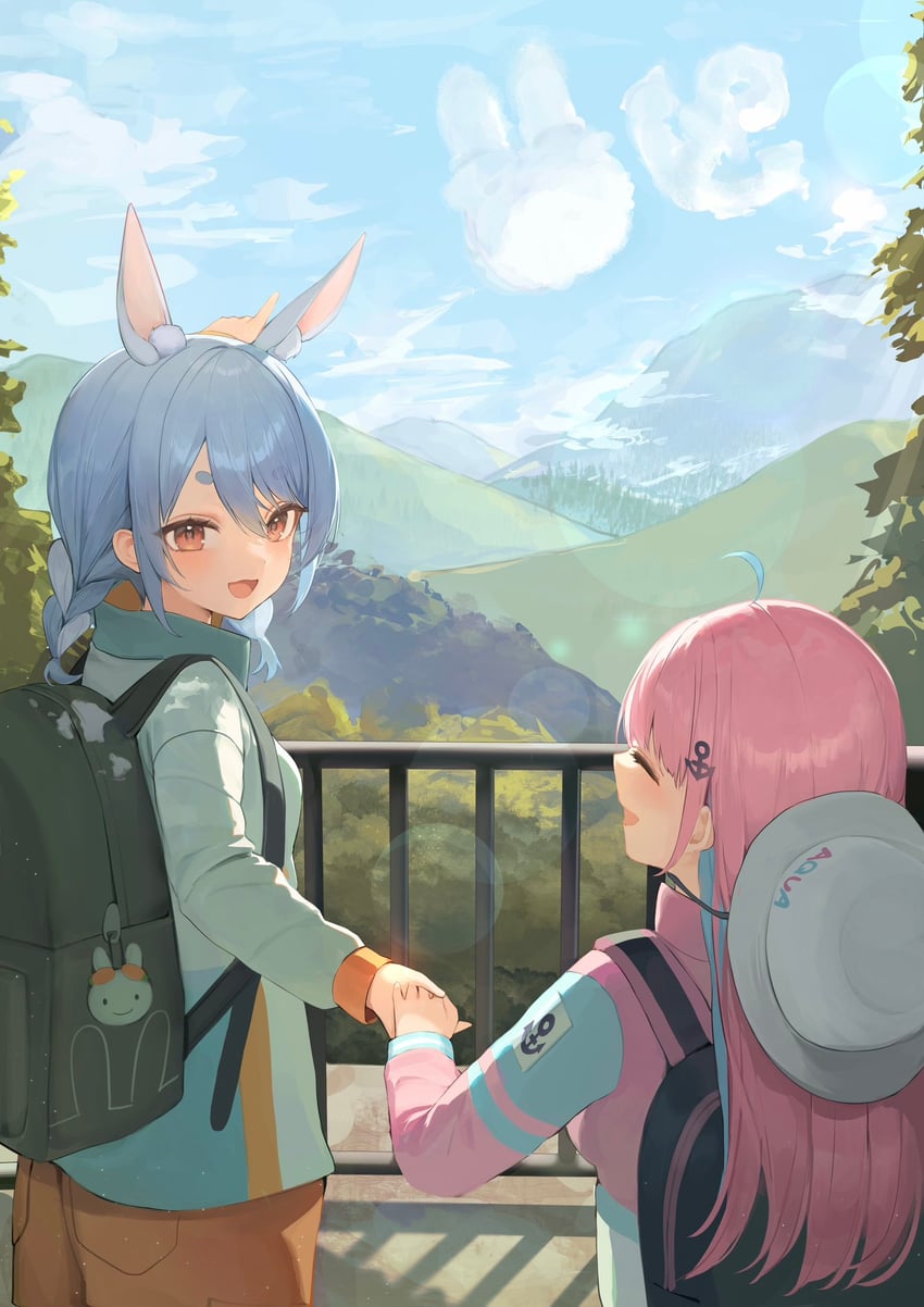 usada pekora, minato aqua, and pekomon (hololive) drawn by iruka3