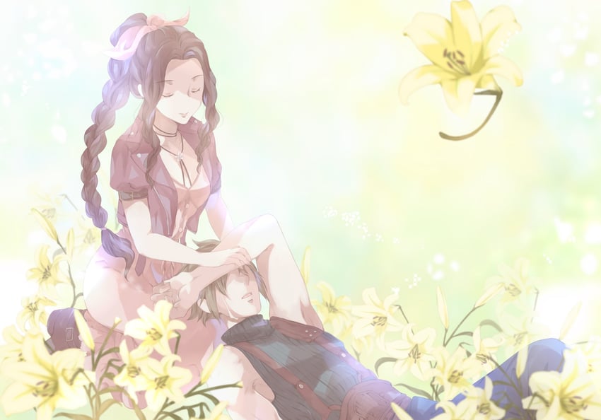 cloud strife and aerith gainsborough (final fantasy and 3 more) drawn by isa_(chiyo-s)