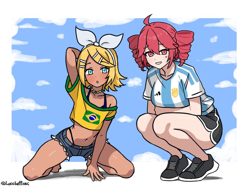 hatsune miku, kagamine rin, kasane teto, brazilian miku, and argentinian miku (vocaloid and 1 more) drawn by lucchettinni