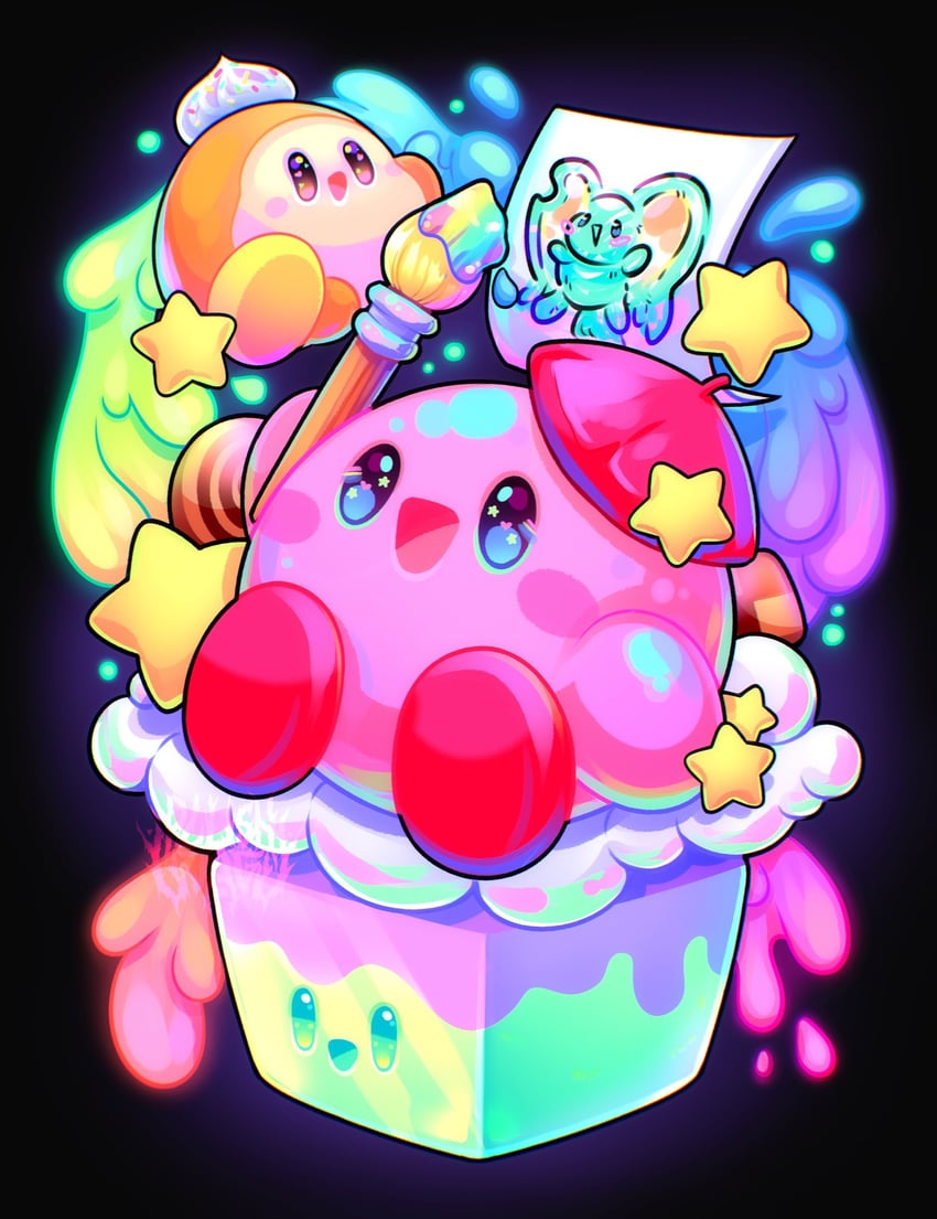 kirby, waddle dee, elfilin, and artist kirby (kirby and 1 more) drawn by plushunagi