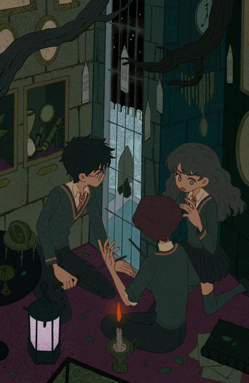 hermione granger, harry potter, and ron weasley (wizarding world and 1 more) drawn by helen_jee