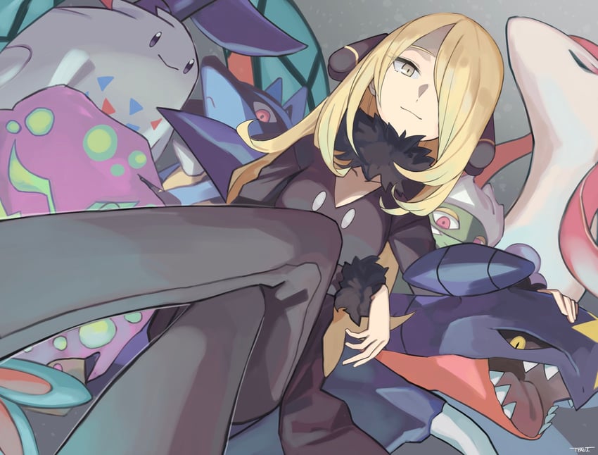 cynthia, lucario, garchomp, milotic, togekiss, and 2 more (pokemon and 1 more) drawn by tyaui_(xjju4435)