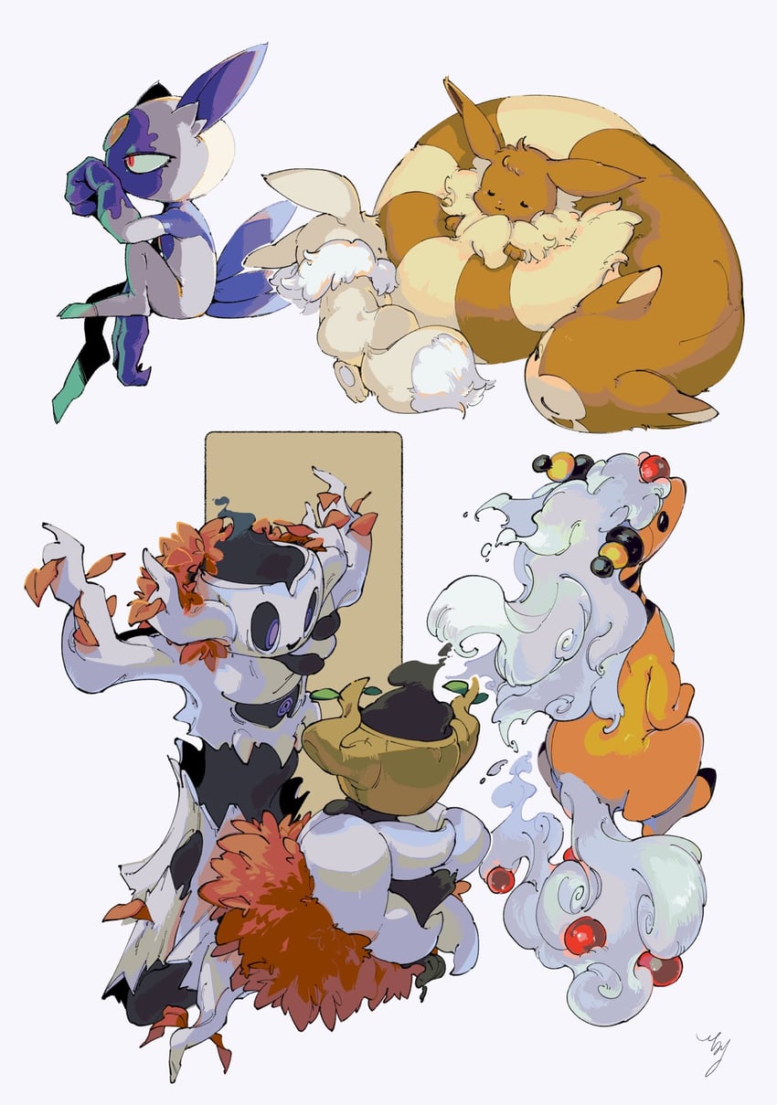 eevee, furret, ampharos, phantump, trevenant, and 2 more (pokemon) drawn by 0_ici_0