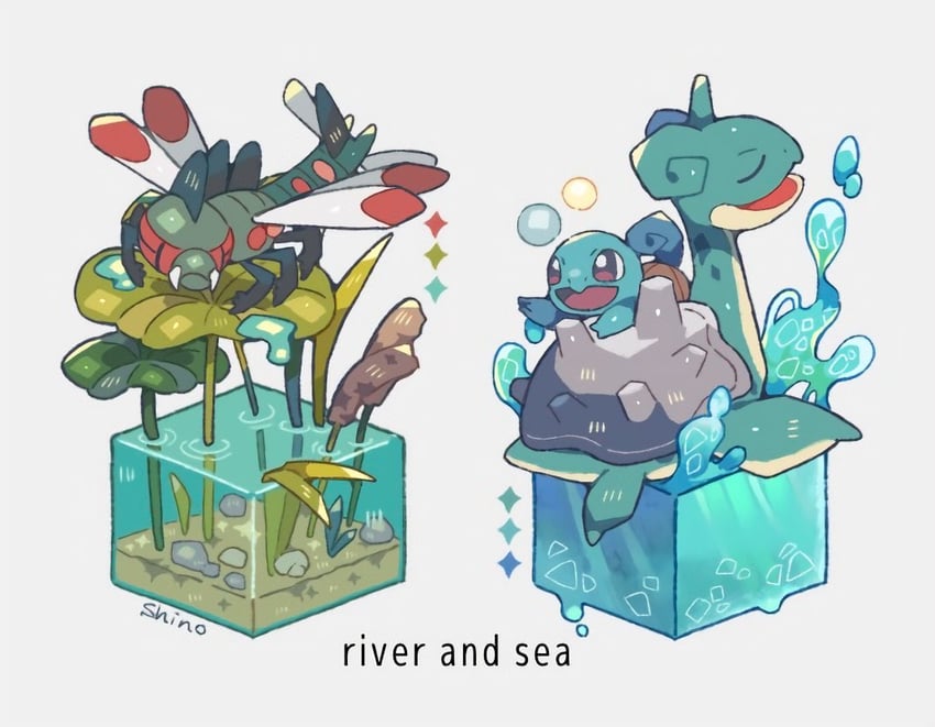 squirtle, lapras, and yanmega (pokemon) drawn by shino_(shinoru_p)