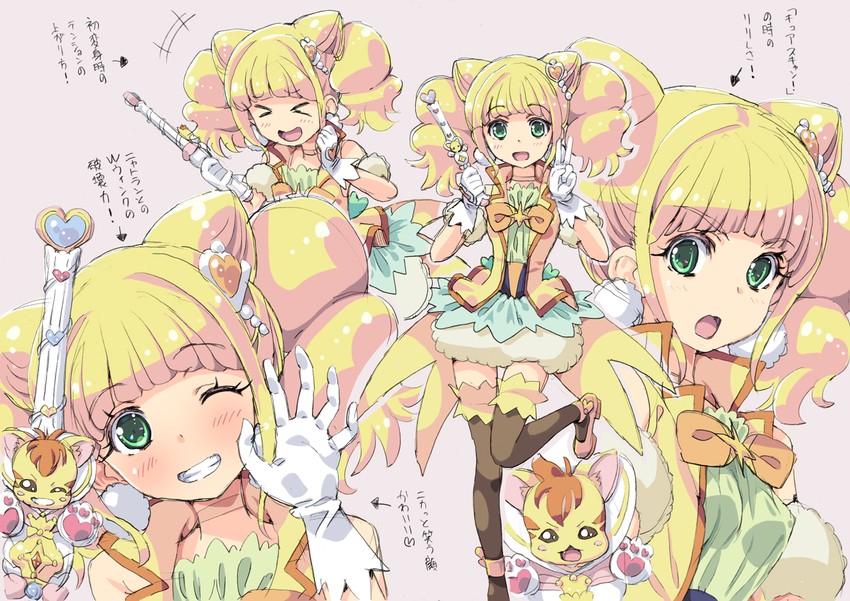 hiramitsu hinata, cure sparkle, and nyatoran (precure and 1 more) drawn by homing_(areya)