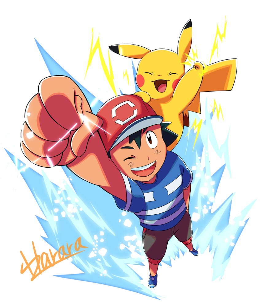 pikachu and ash ketchum (pokemon and 1 more) drawn by harara_mk2