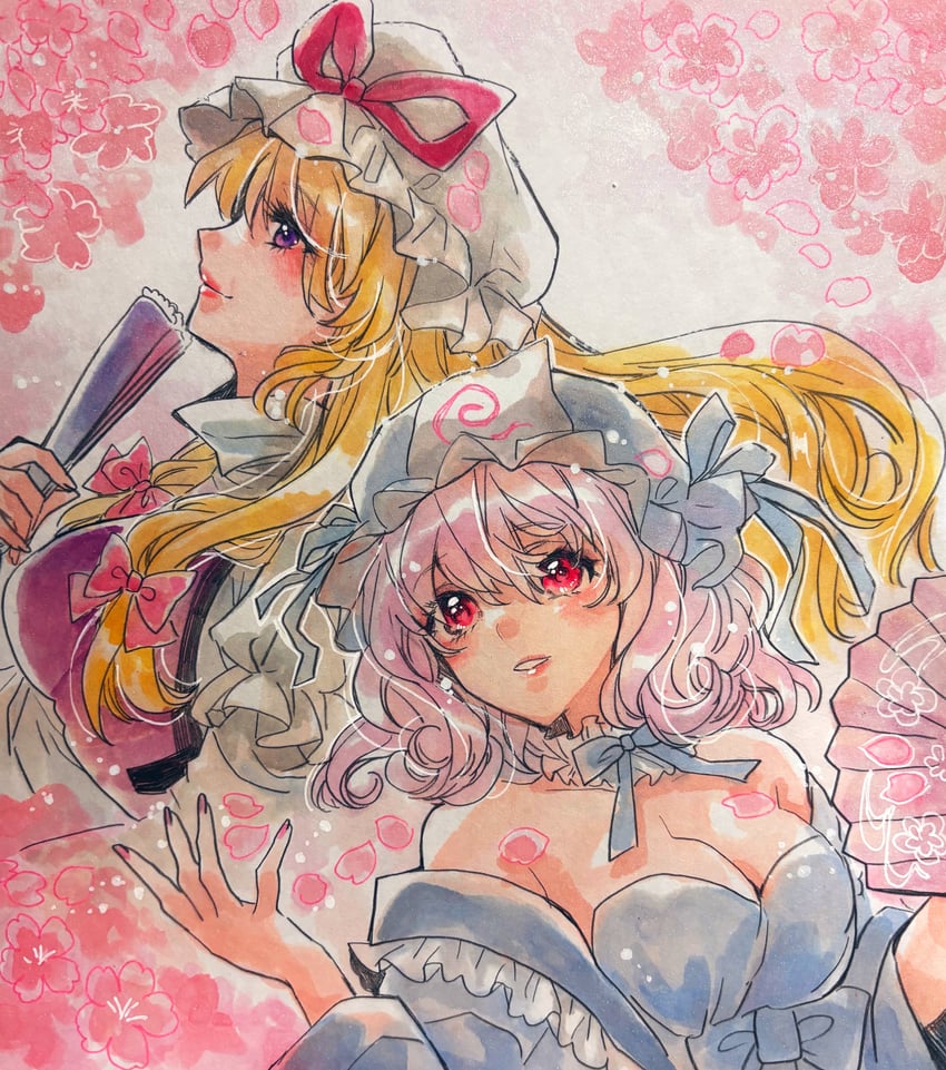 yakumo yukari and saigyouji yuyuko (touhou) drawn by akaioringo2023
