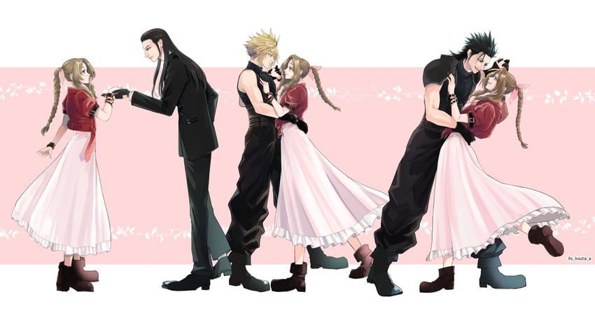 cloud strife, aerith gainsborough, zack fair, and tseng (final fantasy and 2 more) drawn by s_kouta_s