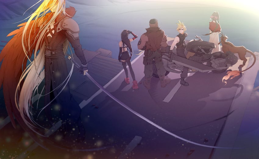 tifa lockhart, cloud strife, aerith gainsborough, sephiroth, barret wallace, and 1 more (final fantasy and 2 more) drawn by enjoutoru