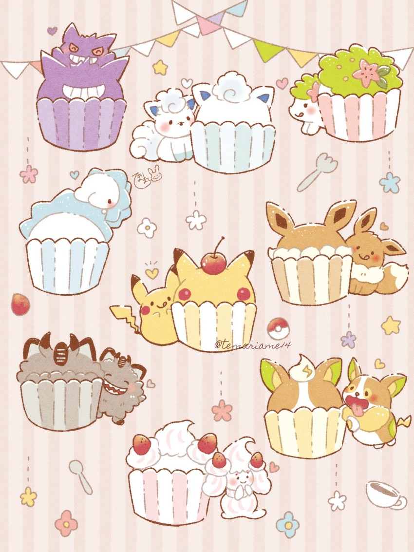 pikachu, eevee, gengar, alolan vulpix, yamper, and 4 more (pokemon) drawn by temariame14