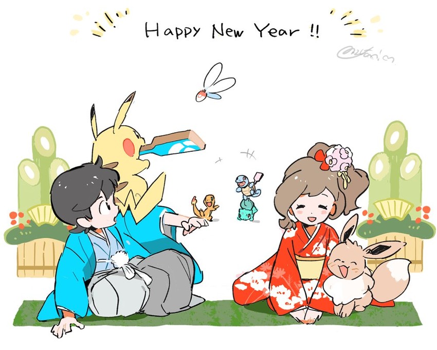 pikachu, eevee, bulbasaur, squirtle, charmander, and 2 more (pokemon and 1 more) drawn by mizutani_megumi
