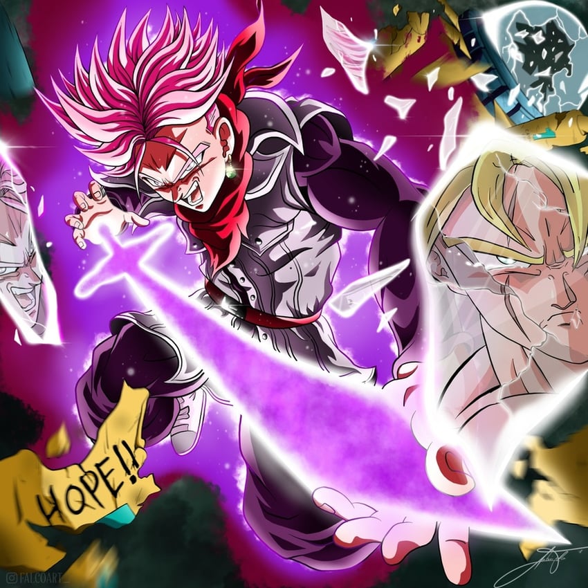 son gohan, trunks, and goku black (dragon ball and 1 more) drawn by falcoart