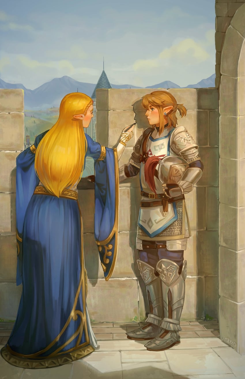 link and princess zelda (the legend of zelda and 2 more) drawn by jinaxxo