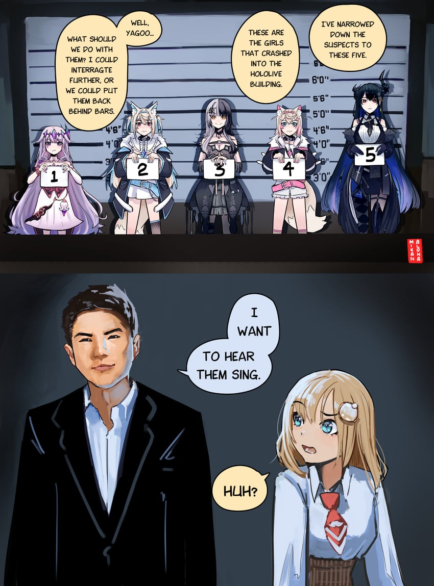 watson amelia, shiori novella, nerissa ravencroft, fuwawa abyssgard, mococo abyssgard, and 2 more (hololive and 2 more) drawn by alohamikan