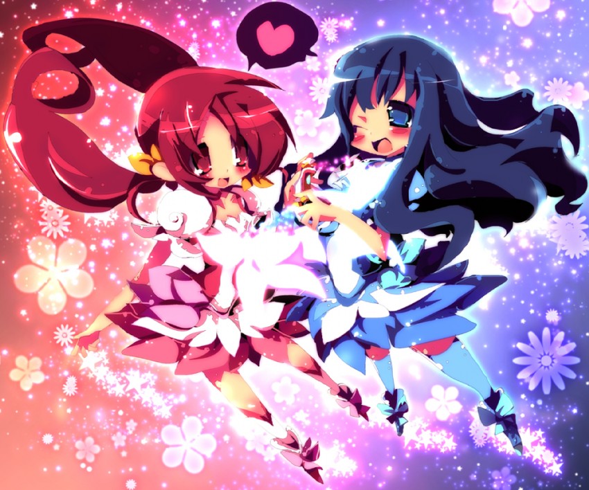 kurumi erika, hanasaki tsubomi, cure marine, and cure blossom (precure and 1 more) drawn by dangomushi