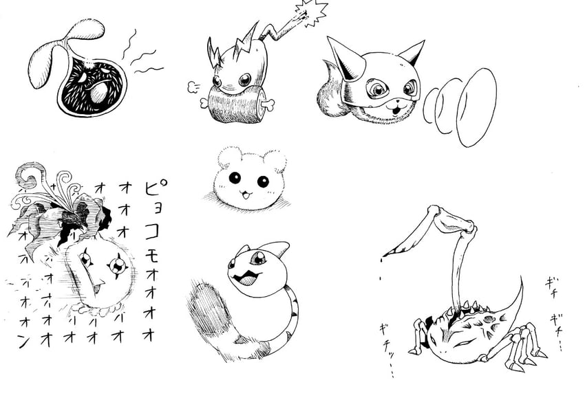 pyocomon, nyaromon, yukimibotamon, nyokimon, caprimon, and 2 more (digimon) drawn by bttfghn