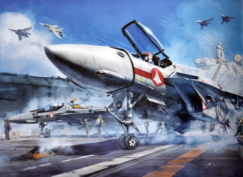 vf-1, sdf-1, ichijou hikaru, vf-1j, roy focker, and 1 more (macross and 1 more) drawn by tenjin_hidetaka