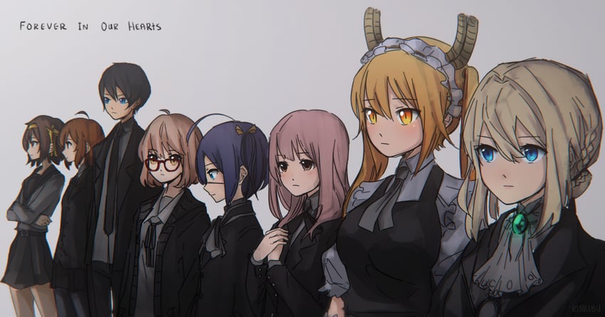 suzumiya haruhi, hirasawa yui, takanashi rikka, tohru, violet evergarden, and 3 more (k-on! and 8 more) drawn by rinkibu