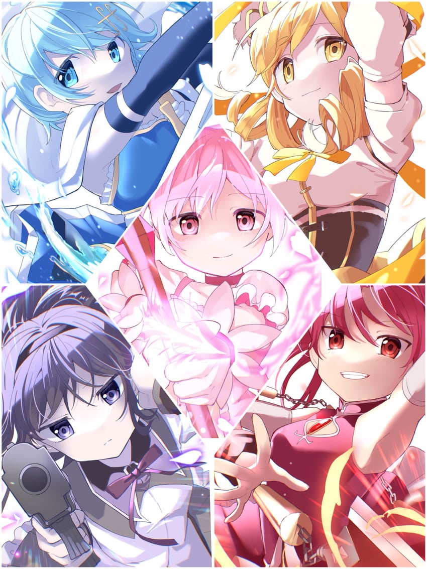 akemi homura, kaname madoka, miki sayaka, sakura kyoko, and tomoe mami (mahou shoujo madoka magica) drawn by maruiusausagi